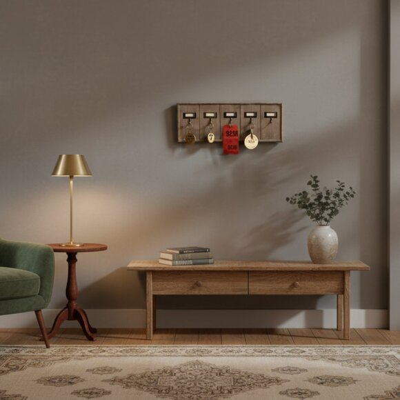 Ship-Multi Key Holder Wood Wall Rack 5 Hooks Vintage Style Office Motel Hotel - Picture 7 of 13